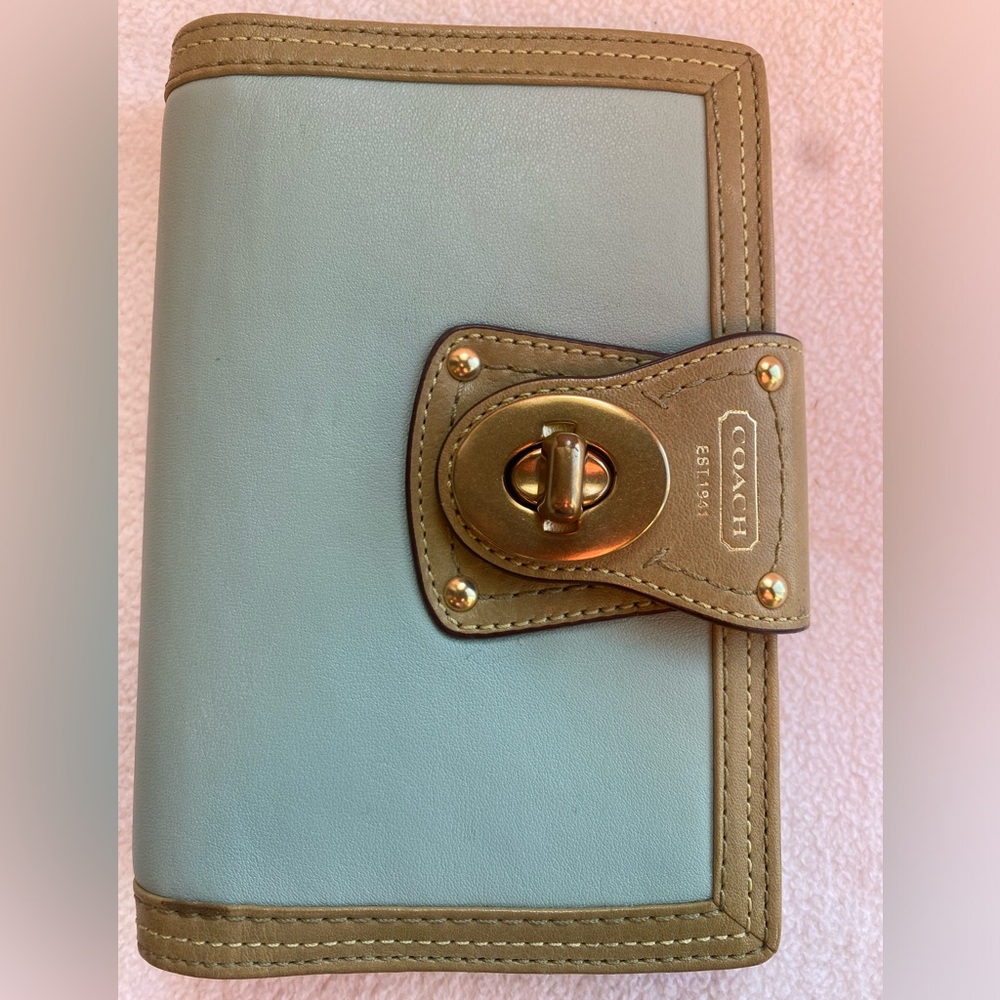 Vintage coach wallet/day, planner, lite turquoise and khaki. $220